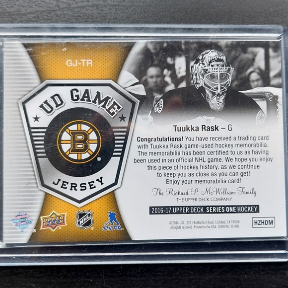 Tuukka Rask UD Game-Used Jersey Hockey Card Boston Bruins GJ-TR 2016/2017 - Picture 2 of 2